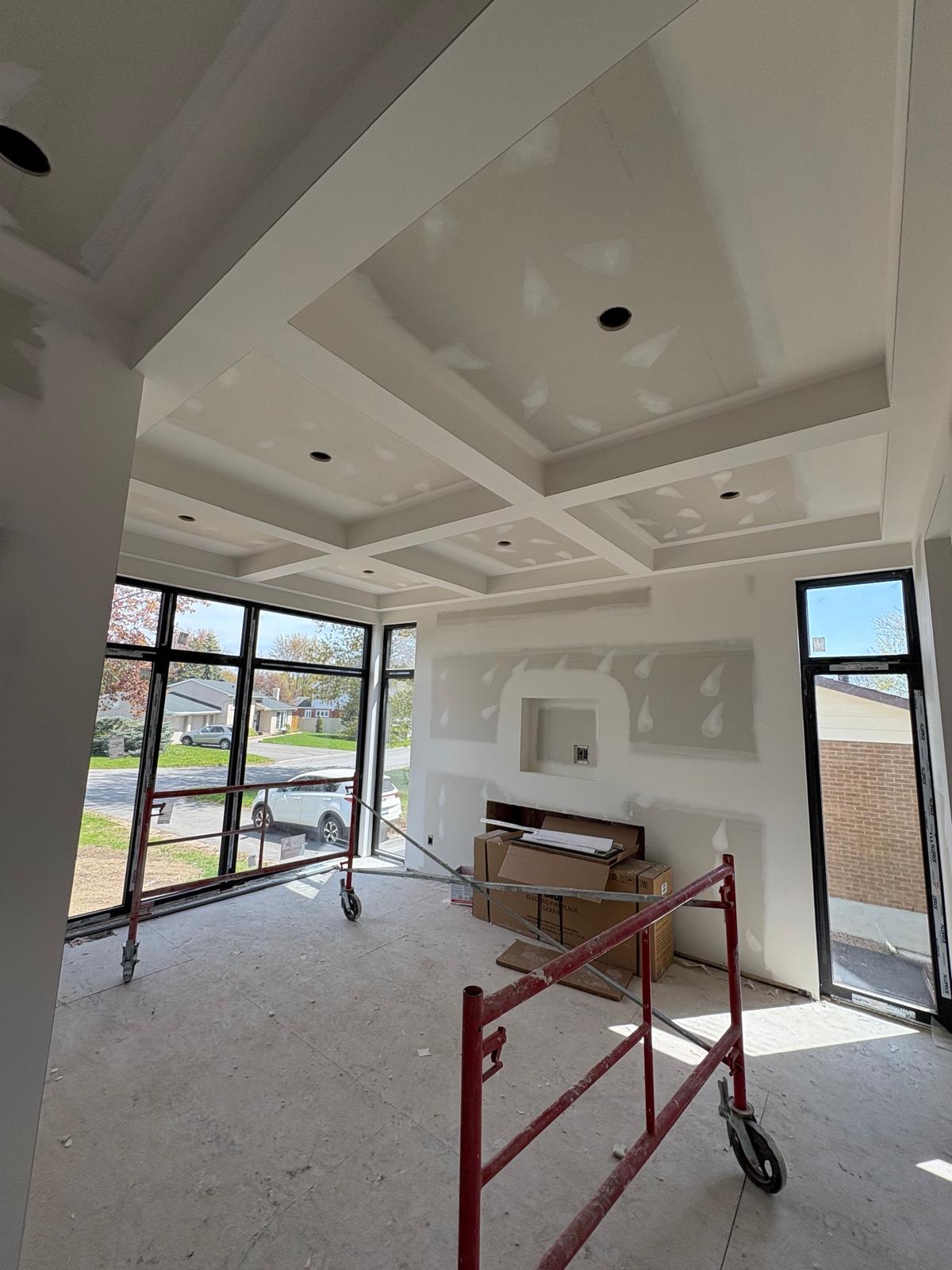 Coffered ceiling detail with finished drywall